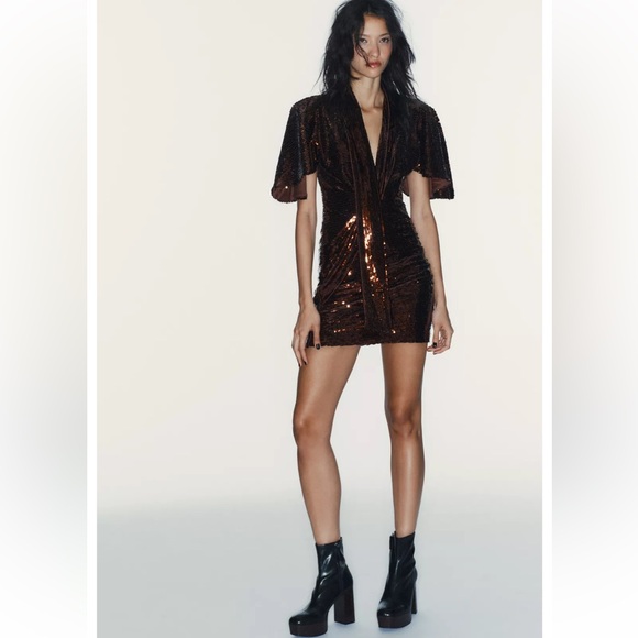 Zara short sequin dress V neck mini dress with cape NWT Mink Viral SOLD OUT!! - Picture 3 of 6
